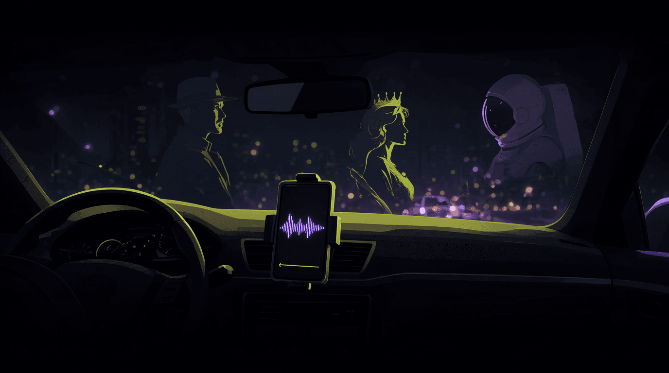 Car dashboard at dusk with podcast episodes floating above the highway ahead
