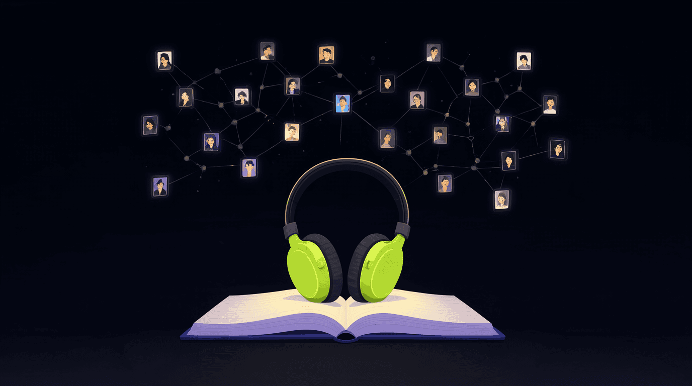 A listener checking a podcast character entry while an audio drama plays